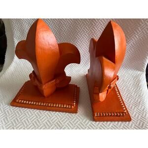 Vintage Wood Fleur-de-Lis Bookends – Hand Painted Orange 6.5” Tall – 4 Lbs Total